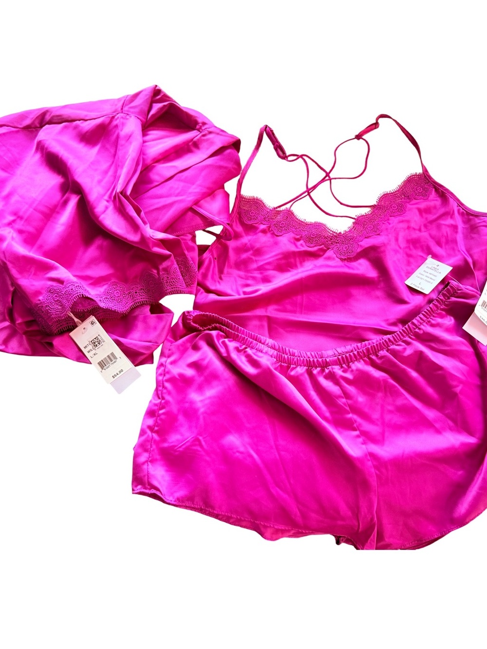 NWT Linea Donatella 3pc Satin Cami Shorts Robe Set Wild Berry Sz L